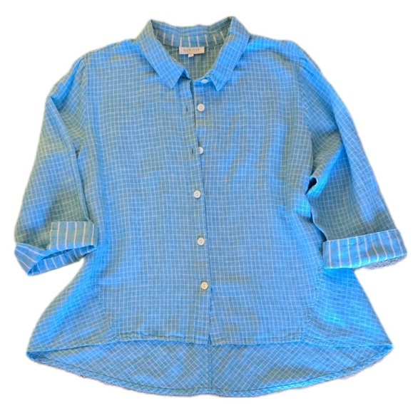Lovely Crisp Linen Cotton HighLo HABITAT Flattering Fit Button-Down Blouse - Picture 1 of 5